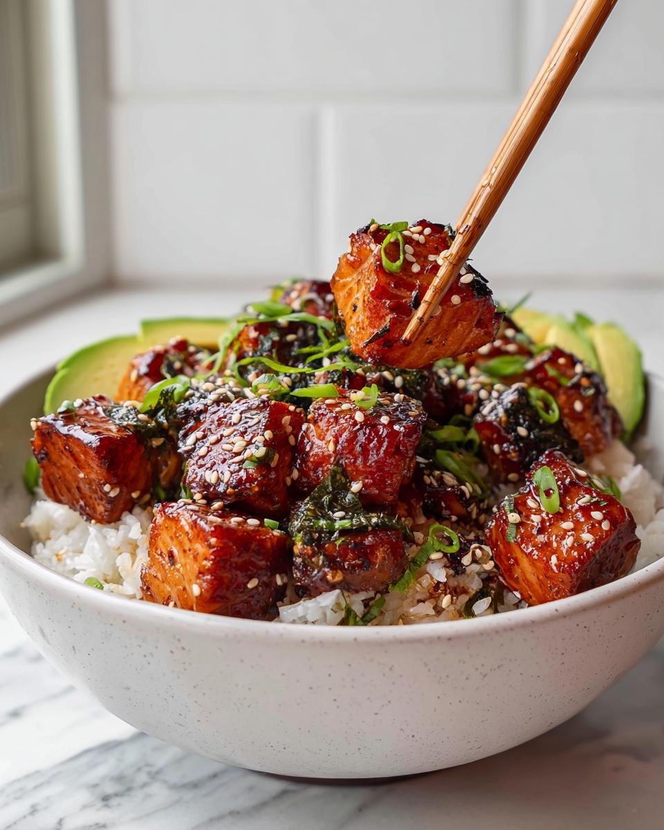 A close-up of a Crispy Salmon and Rice Bowl, with chopsticks picking up a piece of glazed salmon.
