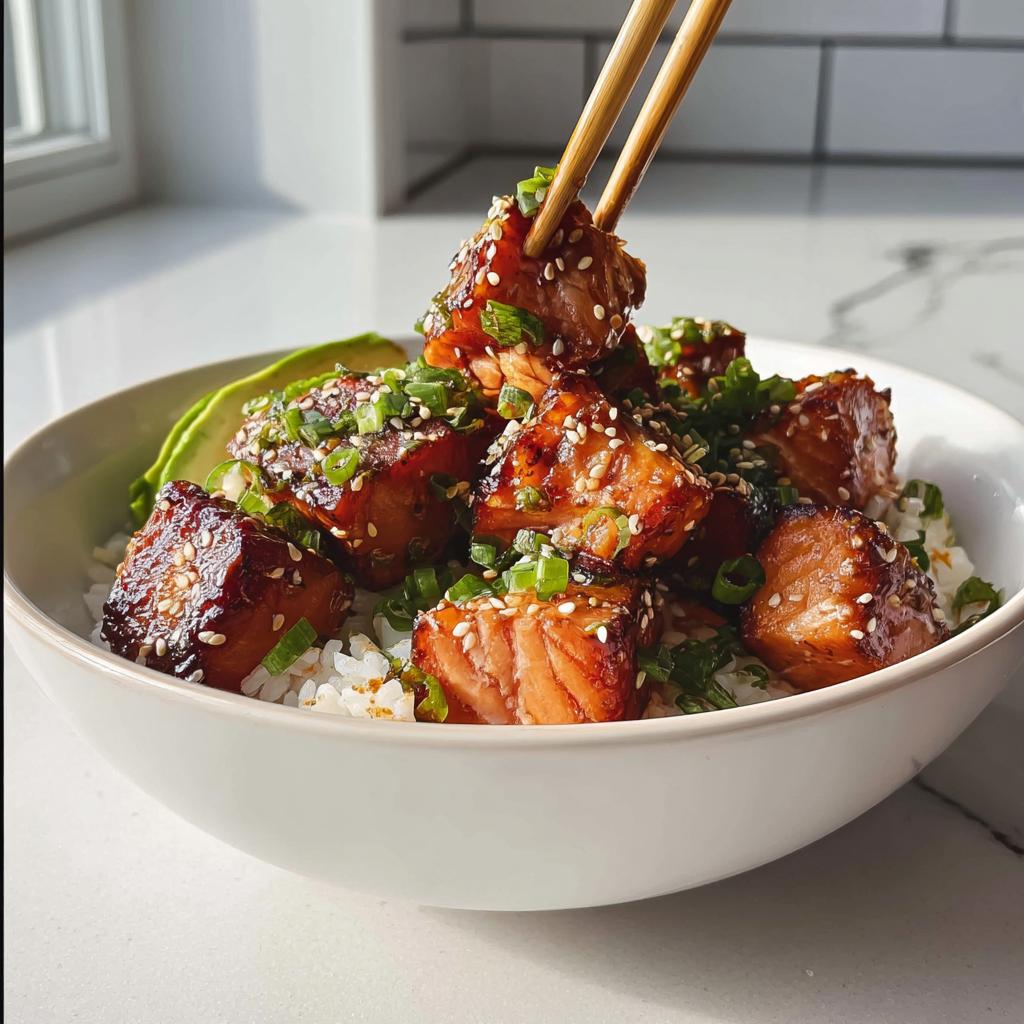 A close-up of a bowl filled with white rice topped with glazed, cubed salmon pieces, green onions, sesame seeds, and avocado slices.