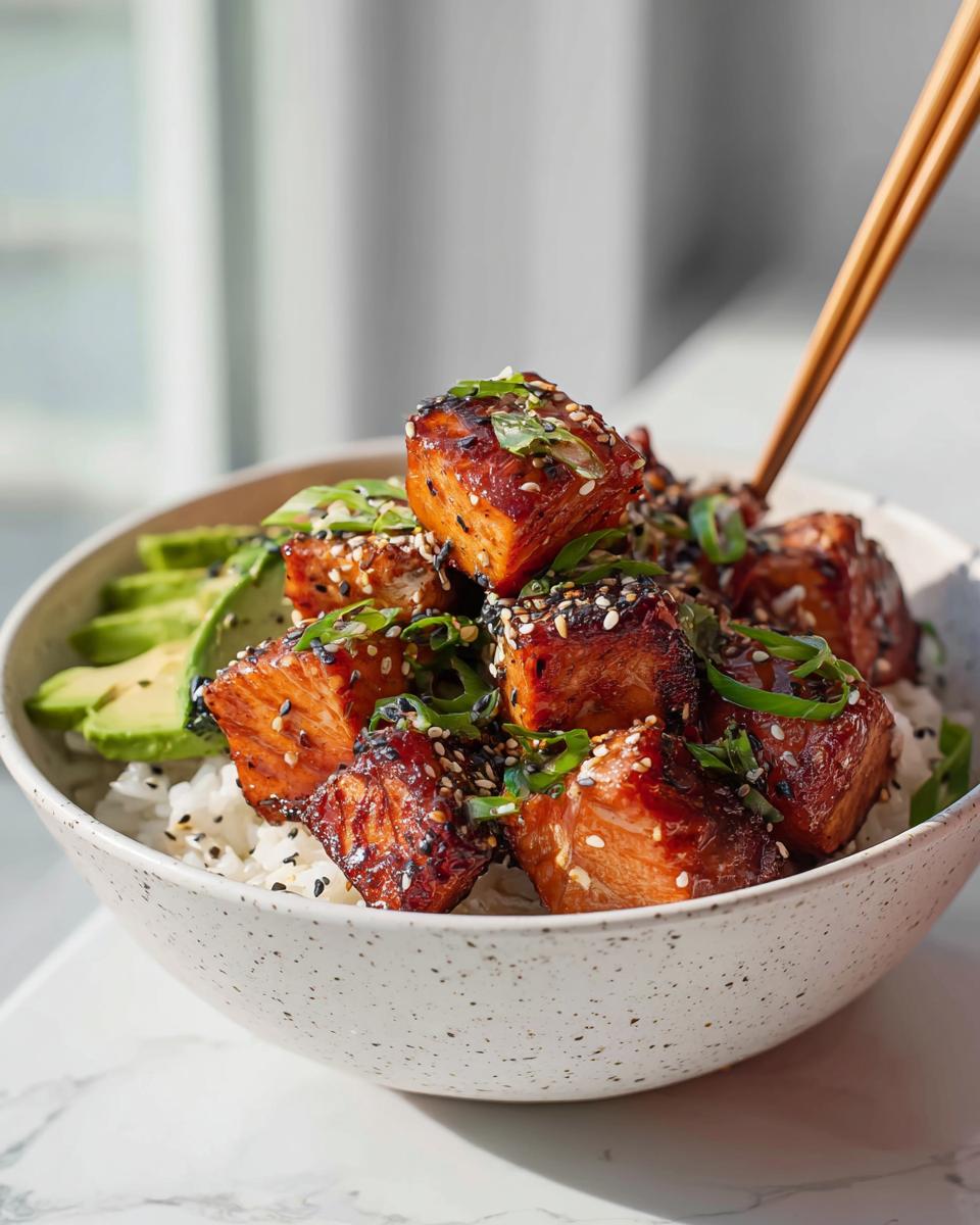 A delicious Crispy Salmon and Rice Bowl topped with sesame seeds and green onions, with sliced avocado on the side.