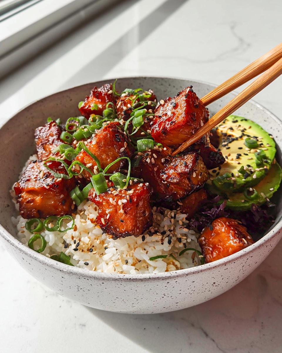 A close-up of a Crispy Salmon and Rice Bowl, with chopsticks picking up a piece of glazed salmon.