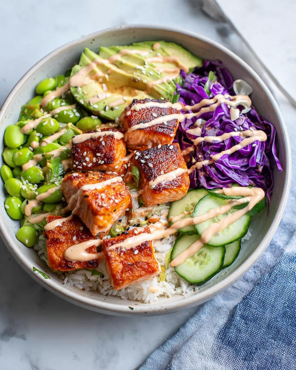 A vibrant Crispy Salmon and Rice Bowl topped with avocado slices, edamame, red cabbage, and a creamy drizzle.