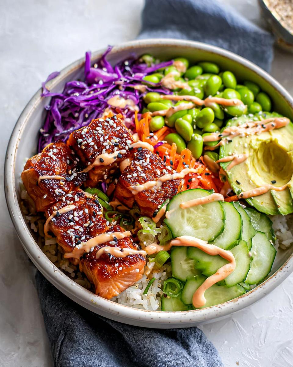 A vibrant Crispy Salmon and Rice Bowl featuring glazed salmon, edamame, avocado, cucumber, and red cabbage.
