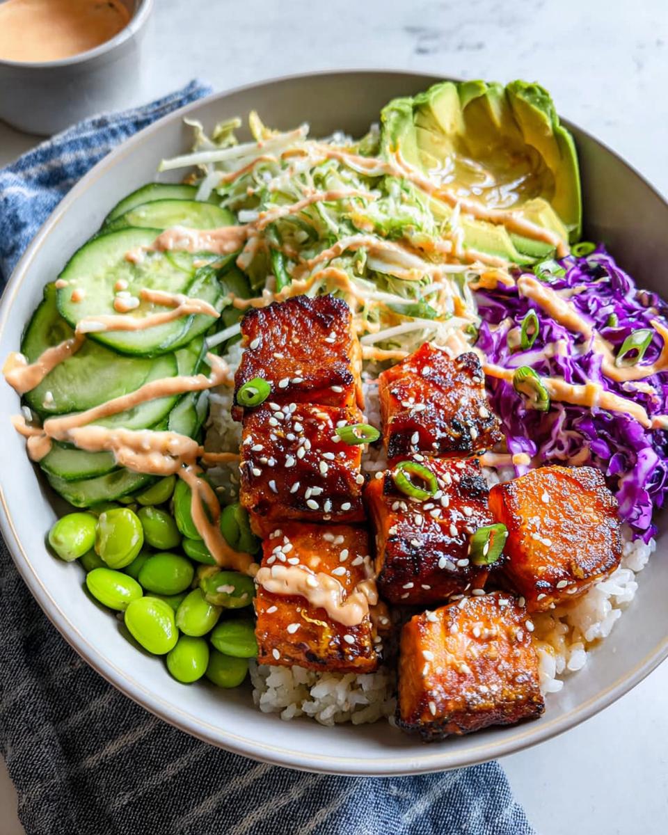 A close-up of a Crispy Salmon and Rice Bowl featuring glazed salmon pieces, rice, avocado, cucumber, edamame, and red cabbage.