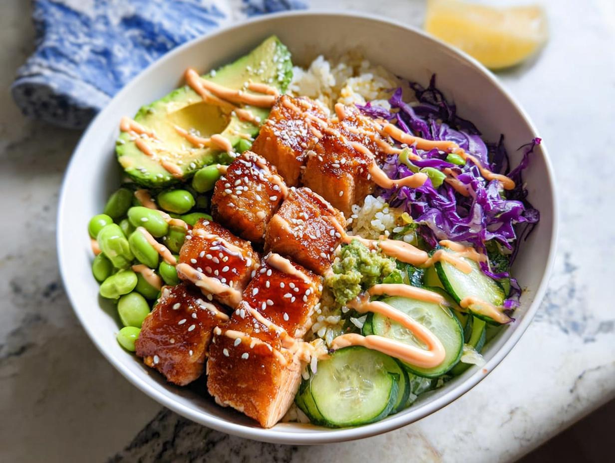 A delicious Crispy Salmon and Rice Bowl featuring glazed salmon pieces, avocado, edamame, cucumber, and red cabbage, drizzled with sauce.