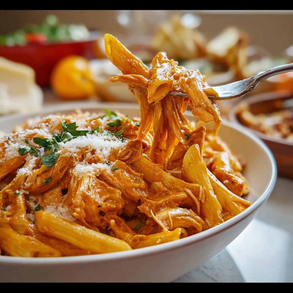 A fork lifting a portion of Crock Pot Creamy Cajun Chicken Pasta from a white bowl, garnished with parsley and Parmesan cheese.