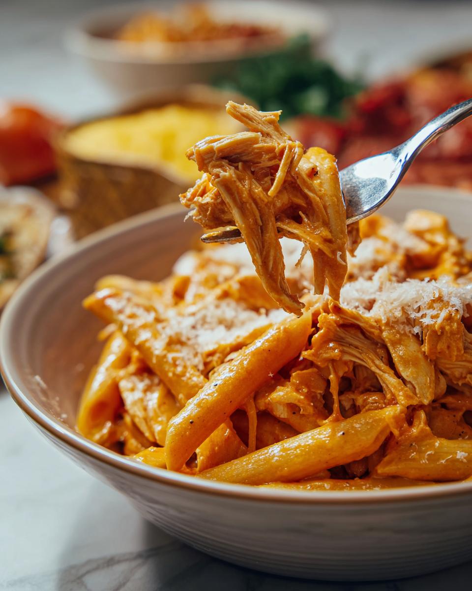 A fork lifts a portion of shredded chicken and penne pasta coated in creamy Cajun sauce, sprinkled with Parmesan cheese.