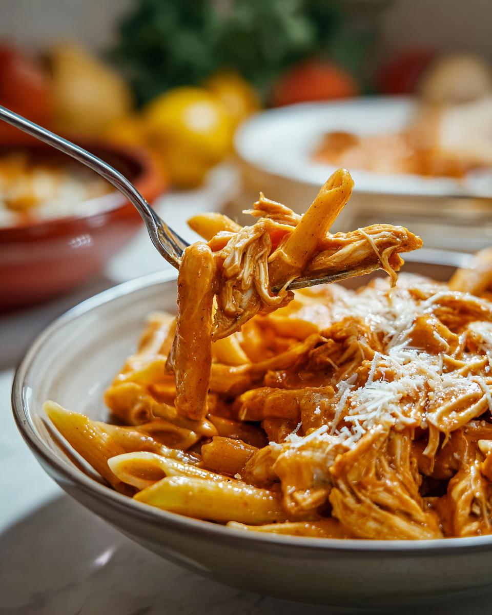 A fork lifts a bite of Crock Pot Creamy Cajun Chicken Pasta, showing shredded chicken and penne pasta coated in a rich, orange sauce.