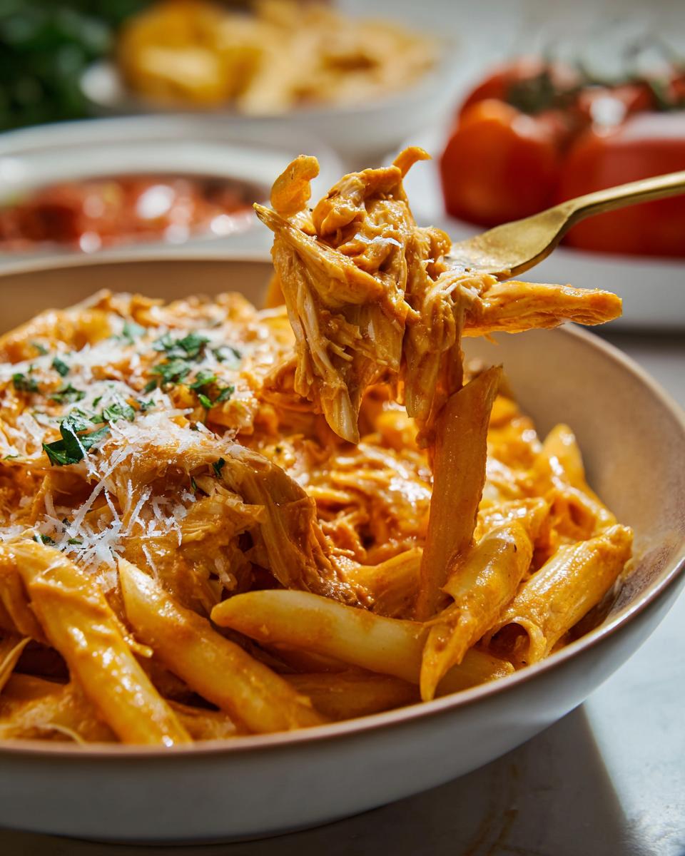 A fork lifts a generous portion of shredded chicken coated in creamy Cajun sauce from a bowl of penne pasta.