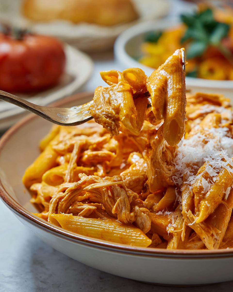 A fork lifting a portion of Crock Pot Creamy Cajun Chicken Pasta, showing penne noodles coated in a rich sauce with shredded chicken.