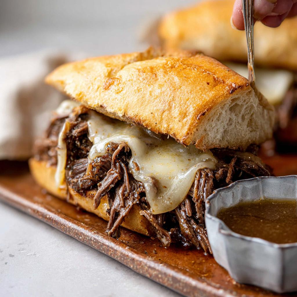 A close-up of a Crockpot French Dip Sandwich overflowing with shredded beef and melted cheese, with a side of au jus.