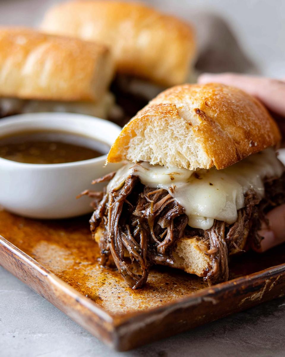Close-up of a Crockpot French Dip Sandwich with melted cheese and shredded beef, served with au jus.