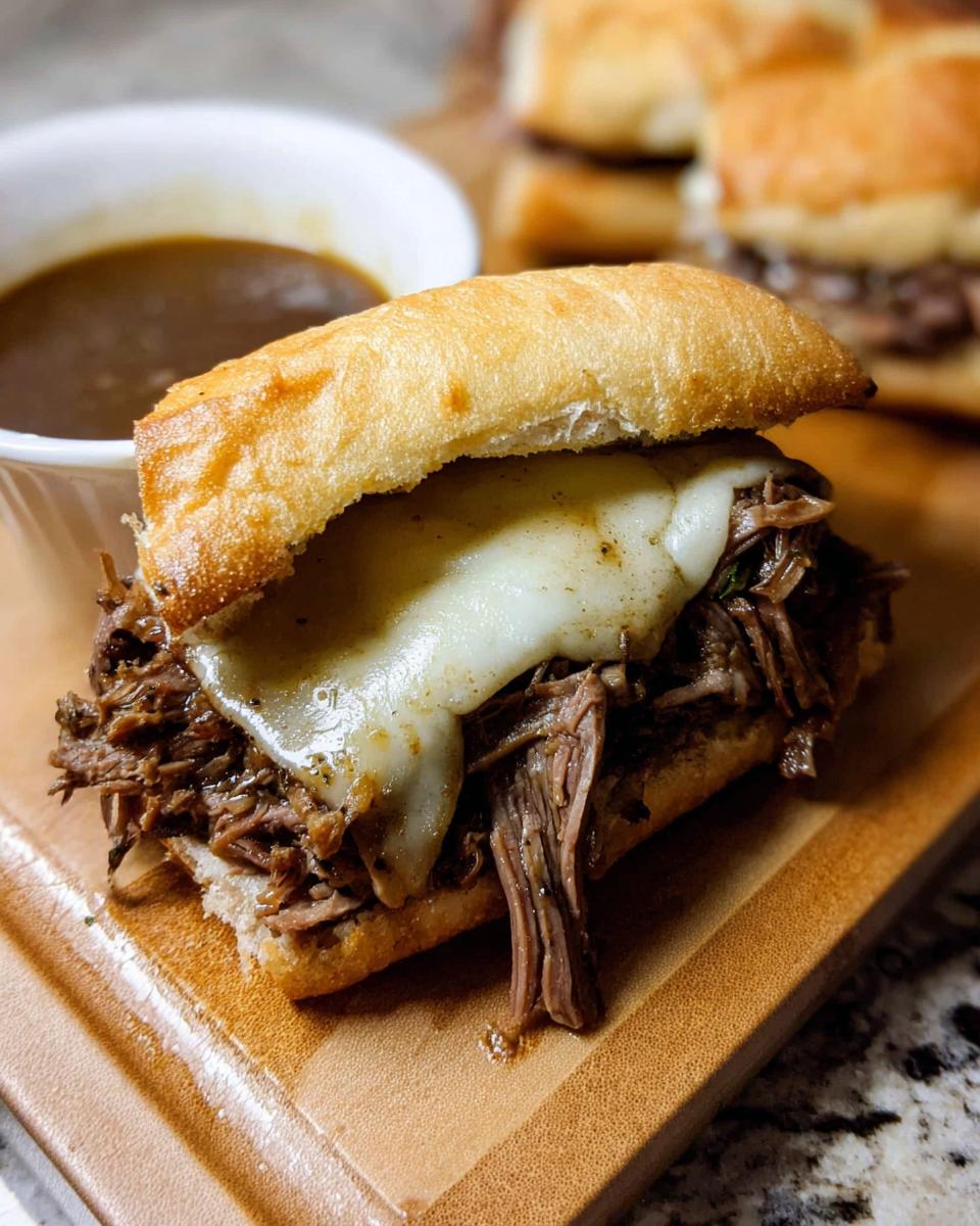 A close-up of a Crockpot French Dip Sandwich with melted cheese and a side of au jus.