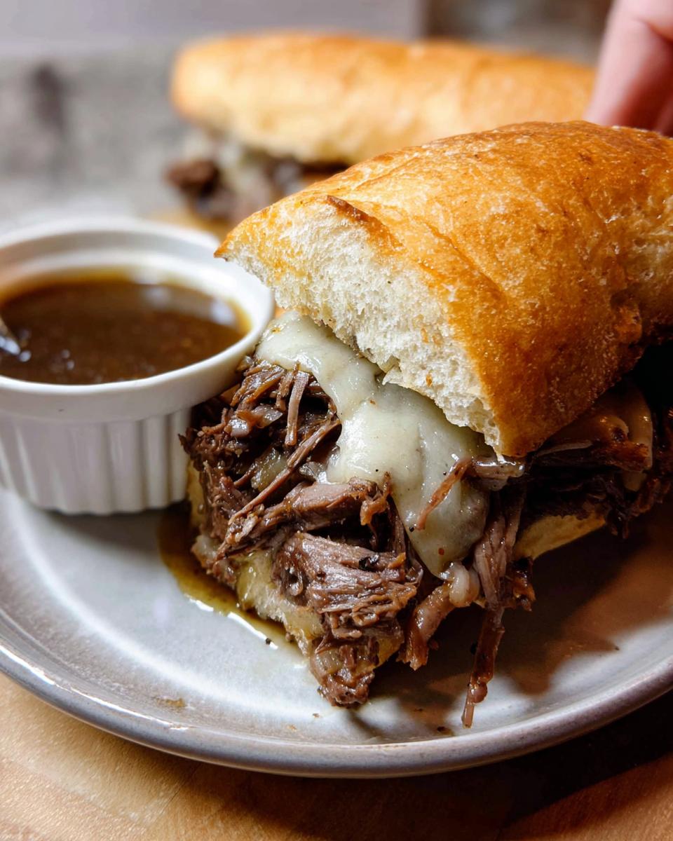 A close-up of a Crockpot French Dip Sandwich overflowing with shredded beef and melted cheese, served with a side of au jus.