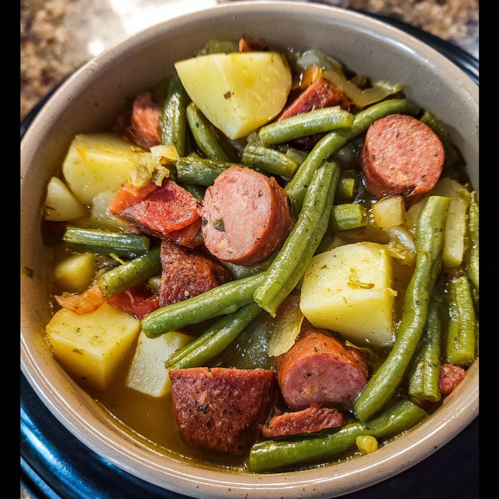 A hearty bowl of Crockpot Kielbasa and Green Beans with chunks of potato and sausage in a savory broth.