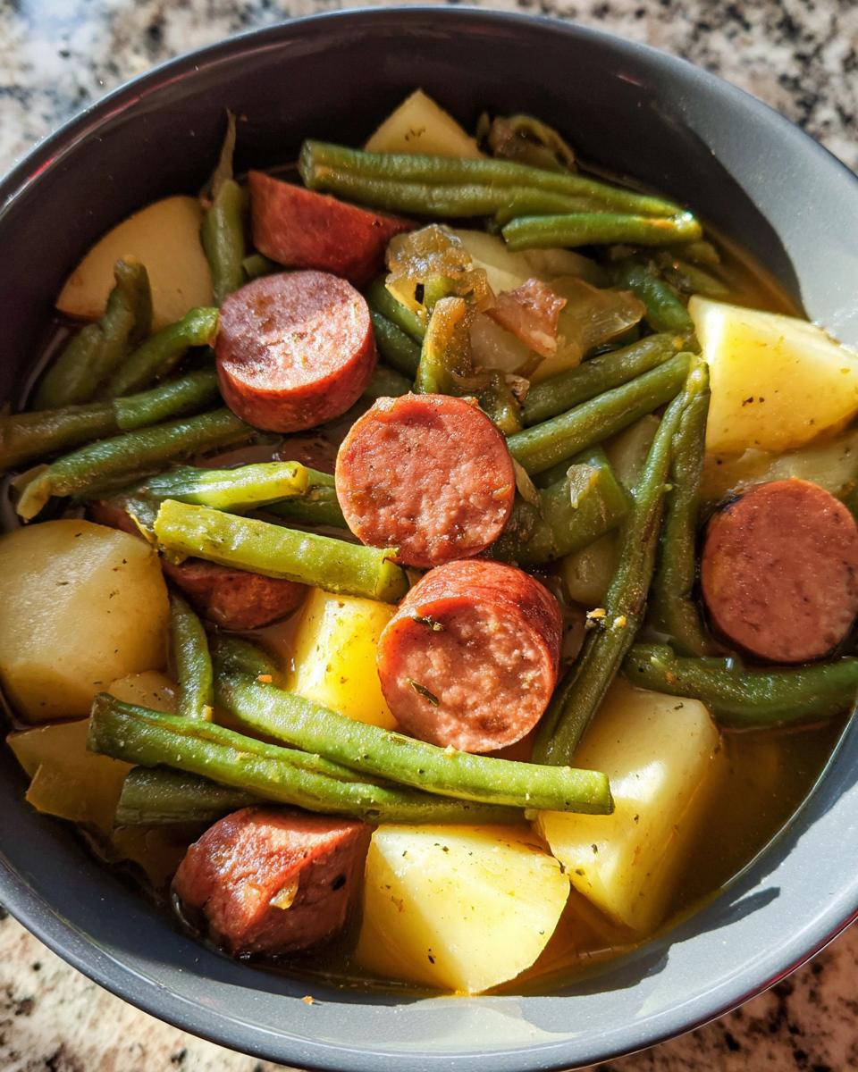 A close-up overhead view of a bowl filled with Crockpot Kielbasa and Green Beans, featuring chunks of potato and sliced sausage.