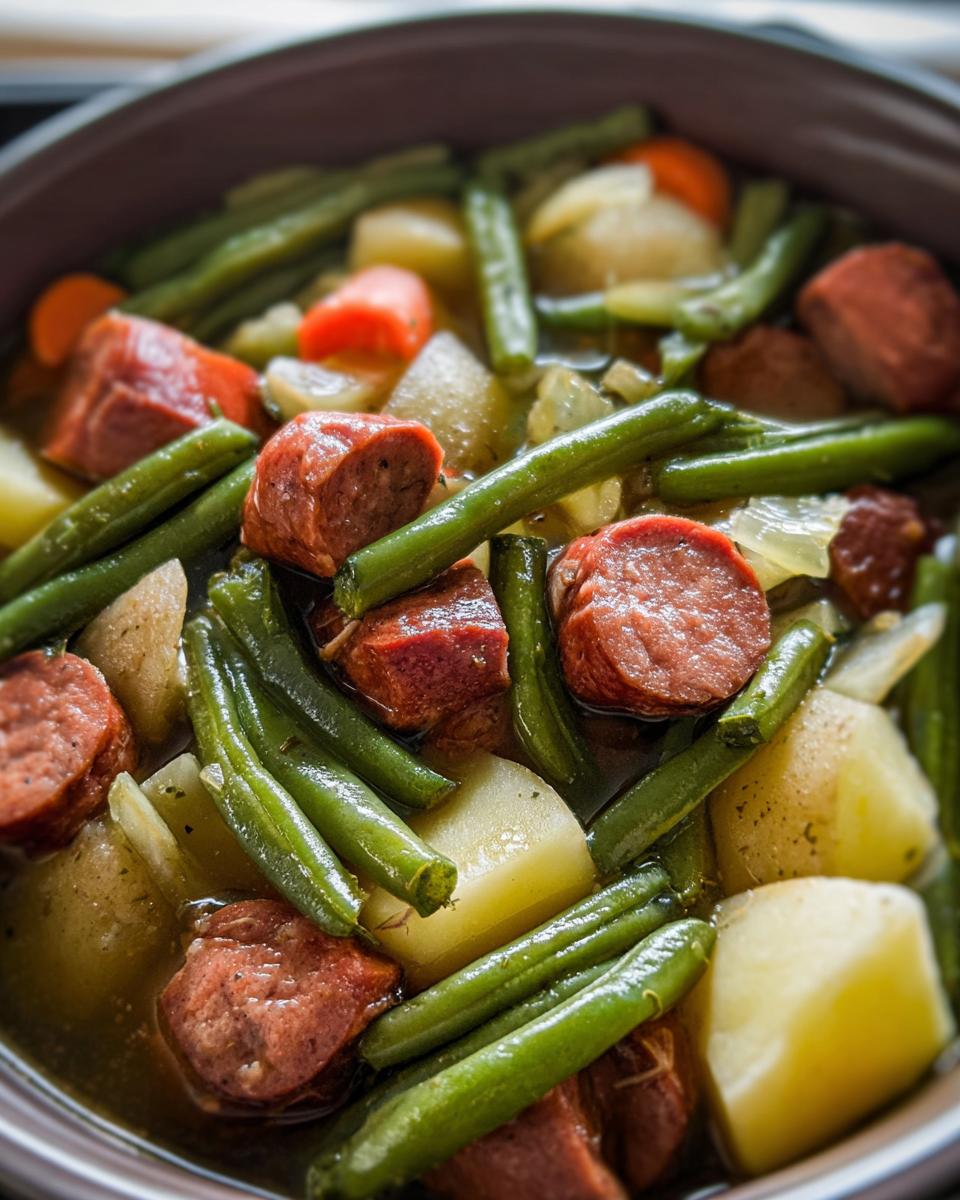 Close-up of Crockpot Kielbasa and Green Beans with potatoes and carrots in a pot.