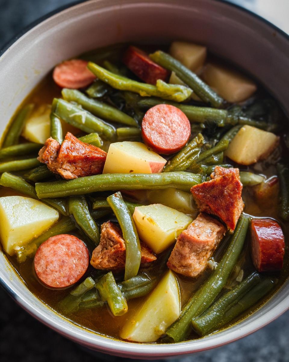 A close-up overhead view of Crockpot Kielbasa and Green Beans with potatoes in a broth.