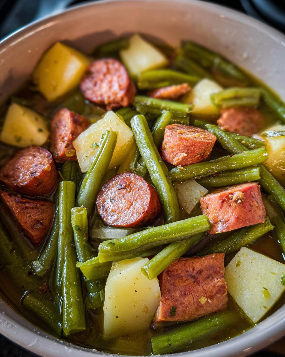 Close-up of a bowl filled with Crockpot Kielbasa and Green Beans, featuring sliced kielbasa, tender green beans, and chunks of potato in broth.