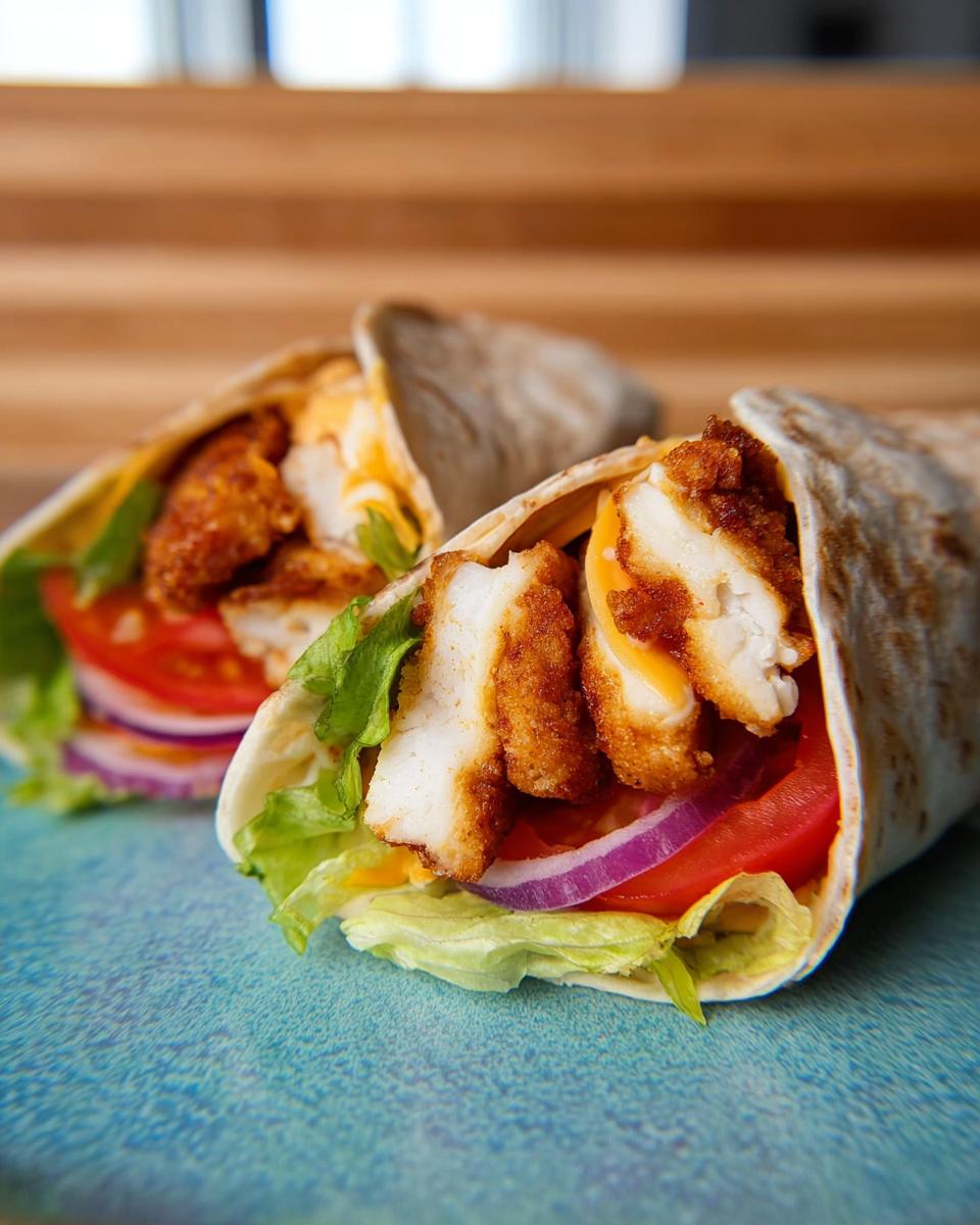 Two Crunchy Crispy Air Fryer Chicken & Mozzarella Wraps filled with lettuce, tomato, onion, and melted cheese.