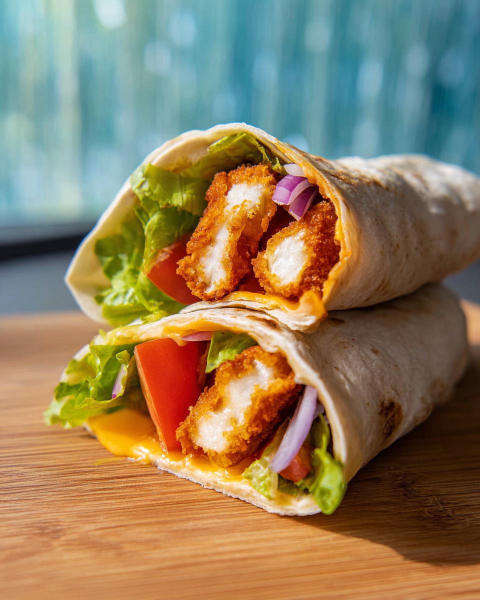 Two Crunchy Crispy Air Fryer Chicken & Mozzarella Wraps filled with chicken, lettuce, tomato, red onion, and cheese on a wooden board.