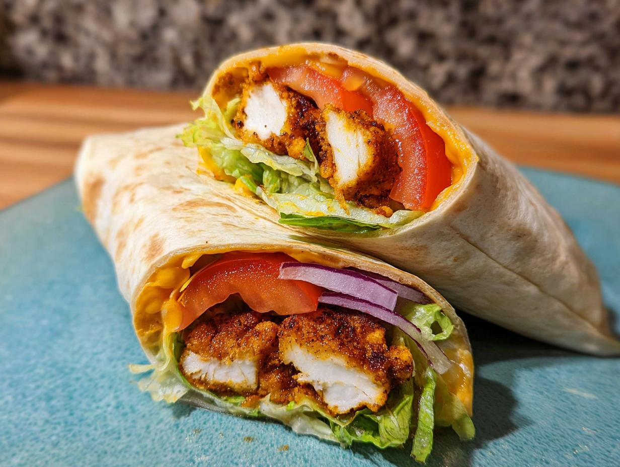 Two halves of a Crunchy Crispy Air Fryer Chicken & Mozzarella Wrap filled with chicken, lettuce, tomato, onion, and cheese.