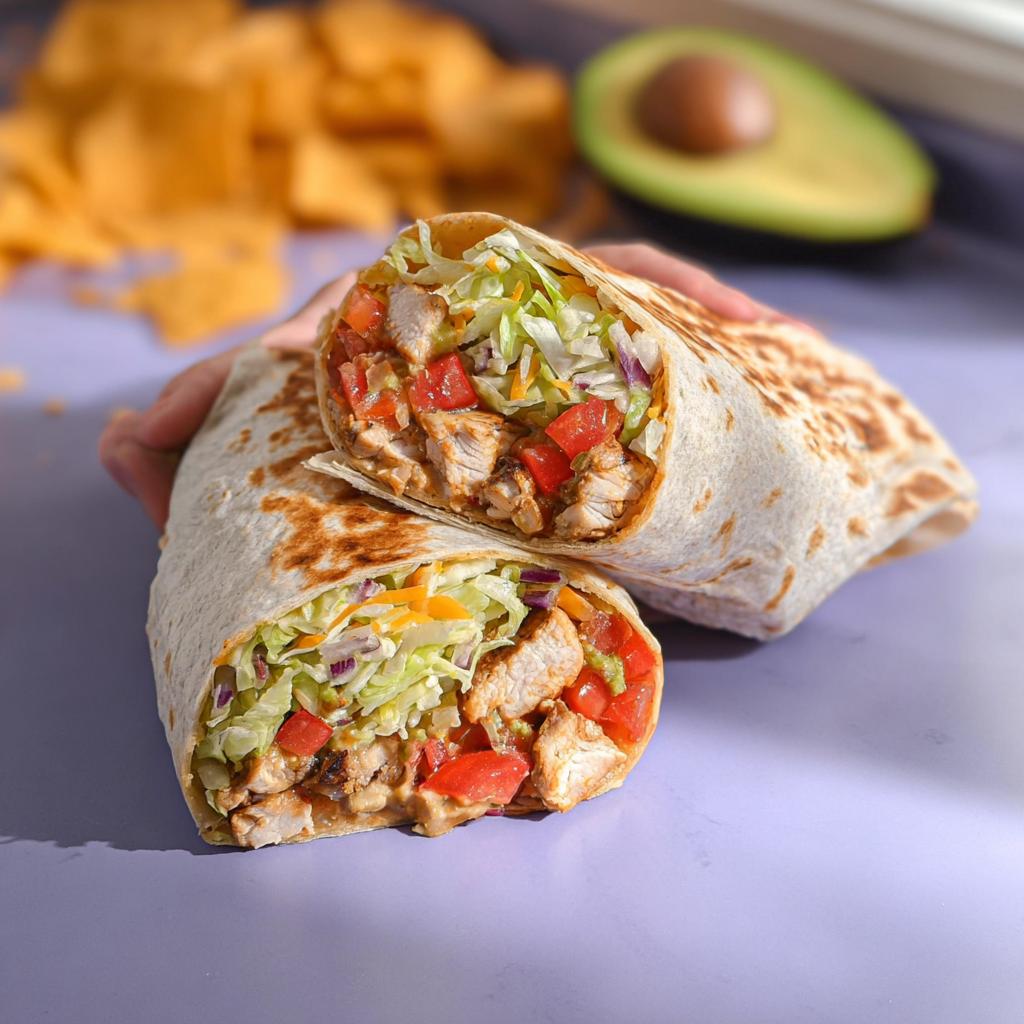 A halved Easy Chipotle Ranch Grilled Chicken Burrito filled with chicken, lettuce, tomatoes, and cheese.