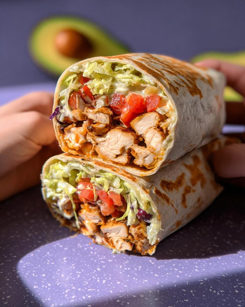 A close-up of an Easy Chipotle Ranch Grilled Chicken Burrito, cut in half to show chicken, lettuce, tomatoes, and sauce.