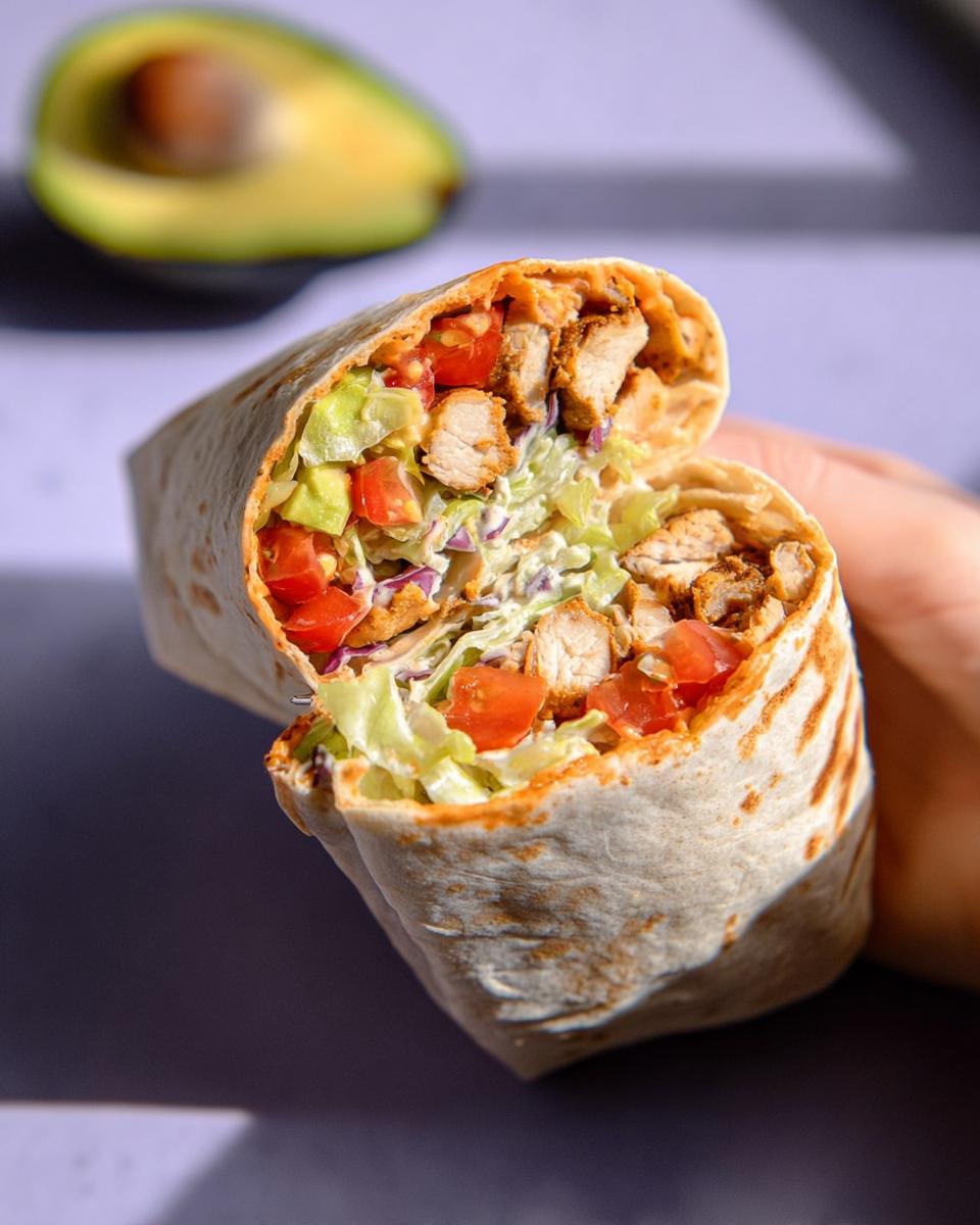 A cross-section of an Easy Chipotle Ranch Grilled Chicken Burrito, showing grilled chicken, lettuce, tomatoes, and avocado.