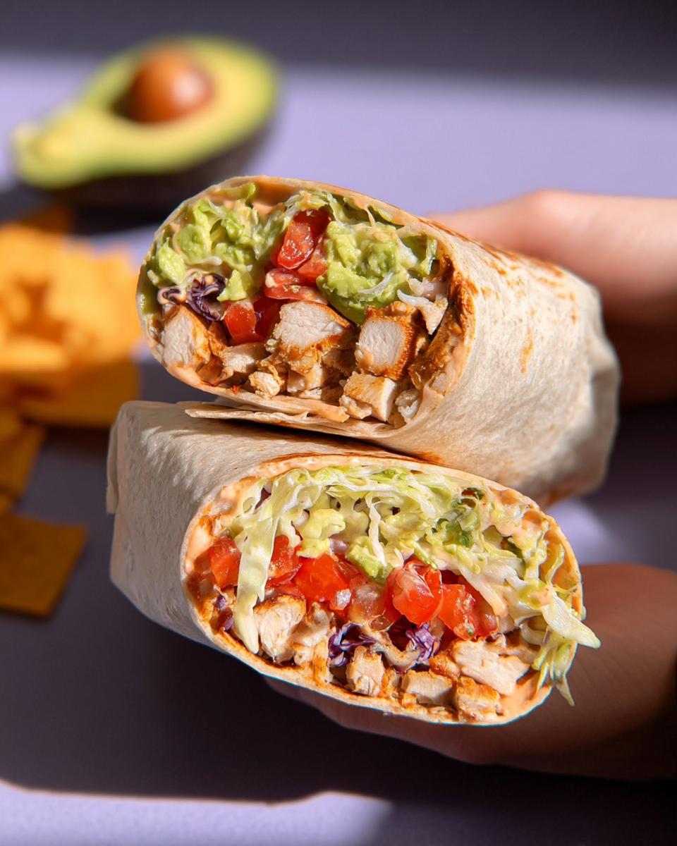 A halved Easy Chipotle Ranch Grilled Chicken Burrito filled with grilled chicken, avocado, tomatoes, and lettuce.