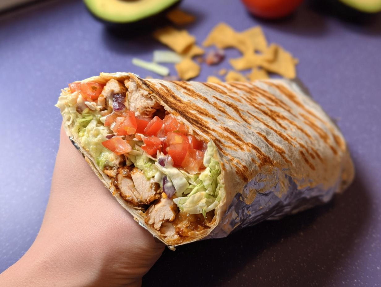 A hand holds a large Easy Chipotle Ranch Grilled Chicken Burrito filled with chicken, lettuce, tomatoes, and avocado.