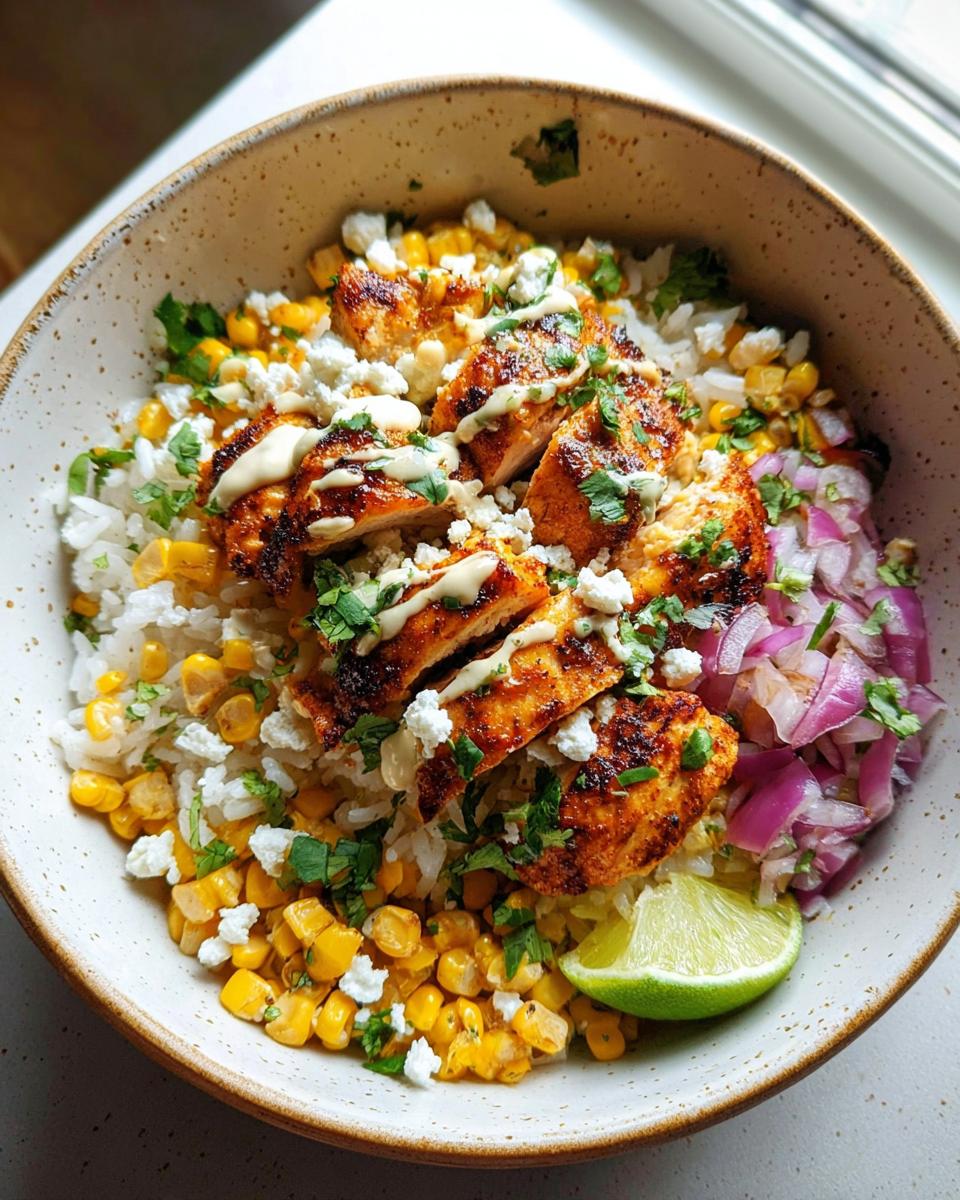 A close-up of an Easy Street Corn Chicken Bowl featuring grilled chicken, rice, corn, red onion, crumbled cheese, and a lime wedge.