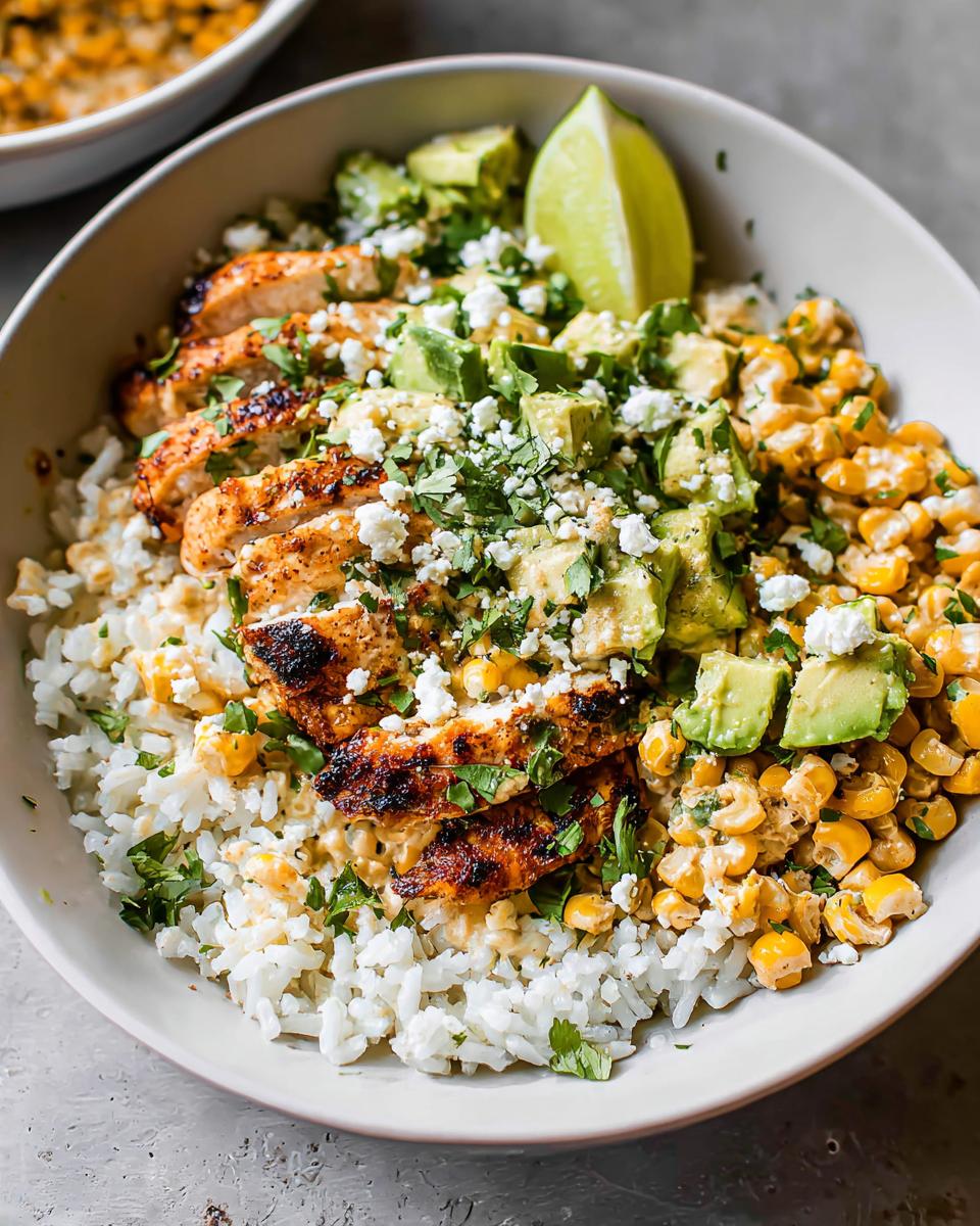 A close-up of an Easy Street Corn Chicken Bowl topped with grilled chicken, avocado, corn, cheese, and cilantro.