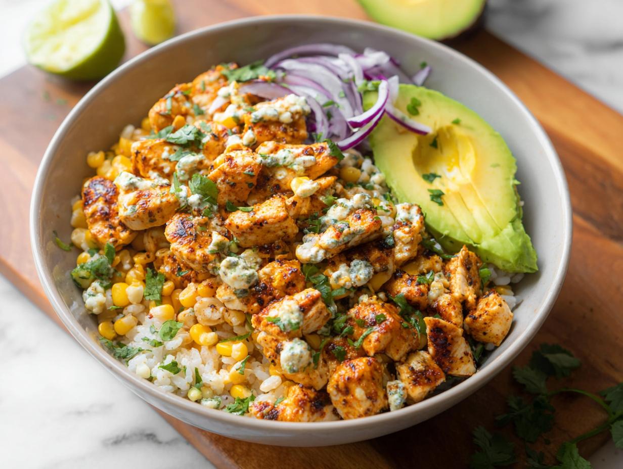 A close-up of an Easy Street Corn Chicken Bowl featuring seasoned chicken, corn, rice, avocado, and red onion.