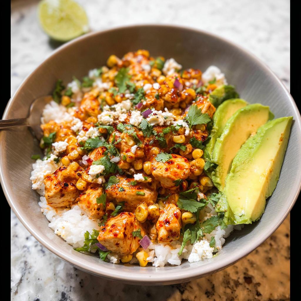 A delicious Easy Street Corn Chicken Bowl with rice, seasoned chicken, corn, avocado slices, and crumbled cheese.