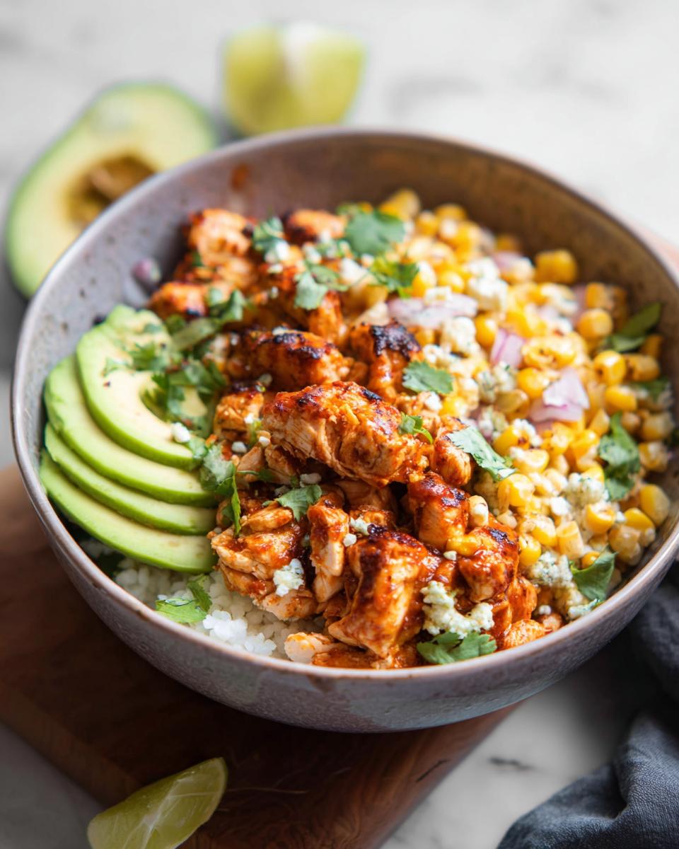 A close-up of an Easy Street Corn Chicken Bowl featuring seasoned chicken, corn, avocado slices, and cilantro.