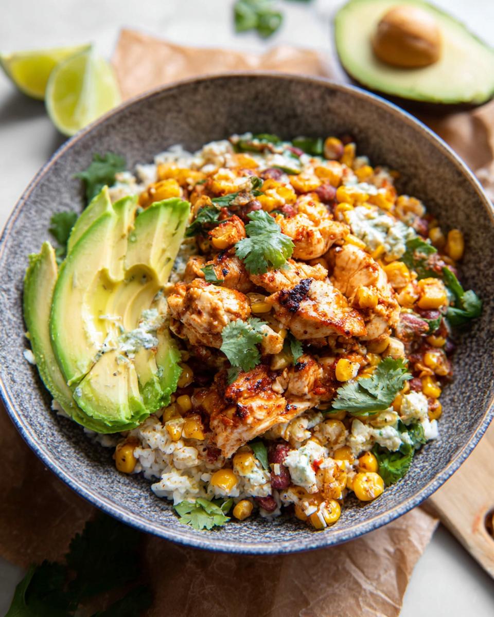 A vibrant Easy Street Corn Chicken Bowl filled with seasoned chicken, corn, beans, rice, avocado slices, and cilantro.