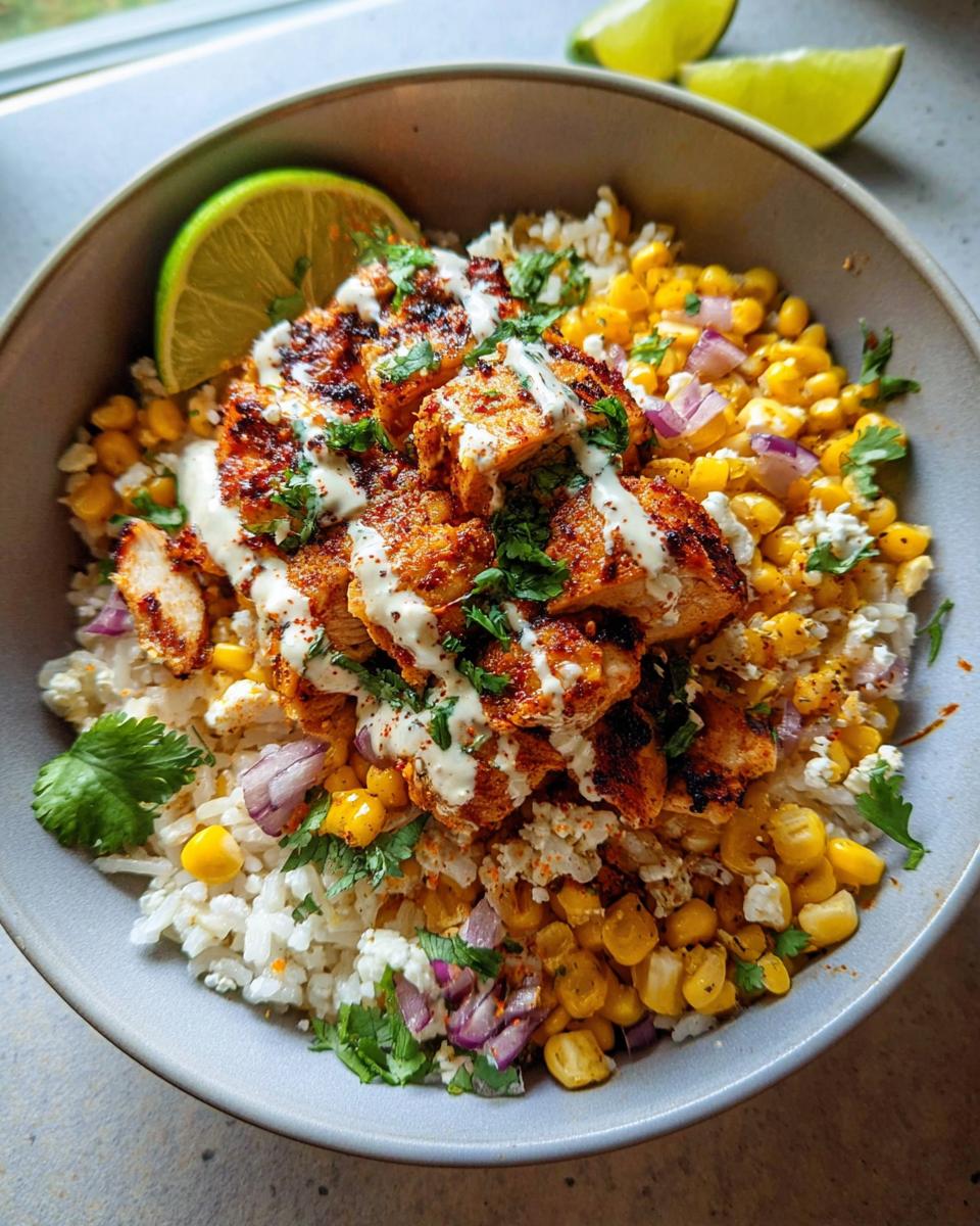 A close-up of an Easy Street Corn Chicken Bowl featuring seasoned chicken, rice, corn, red onion, and a lime wedge.