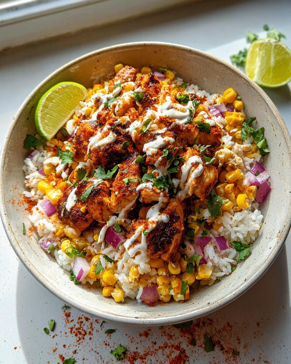 A close-up of a delicious Easy Street Corn Chicken Bowl featuring seasoned chicken, rice, corn, red onion, cilantro, and a lime wedge.