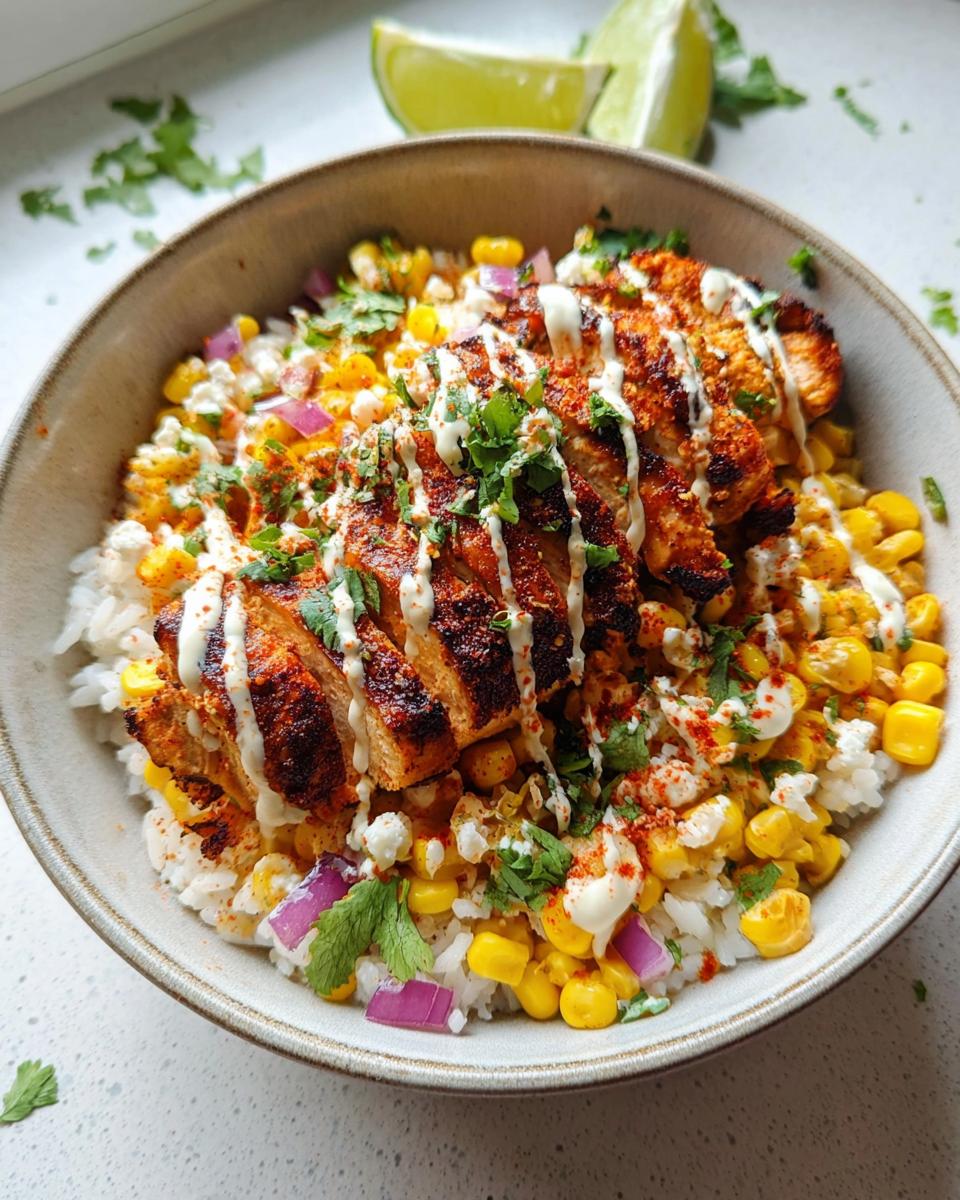 A vibrant Easy Street Corn Chicken Bowl featuring grilled chicken, corn, rice, red onion, and a drizzle of creamy sauce, garnished with cilantro and lime wedges.