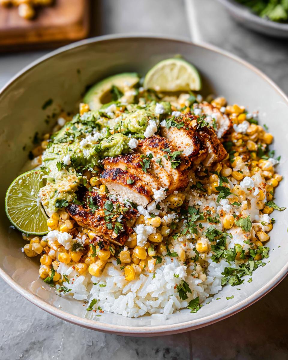 A vibrant Easy Street Corn Chicken Bowl filled with rice, grilled chicken, corn, avocado, crumbled cheese, and lime wedges.