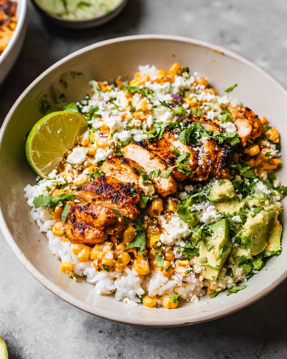 A vibrant Easy Street Corn Chicken Bowl filled with rice, seasoned chicken, corn, avocado, crumbled cheese, and cilantro, garnished with a lime wedge.