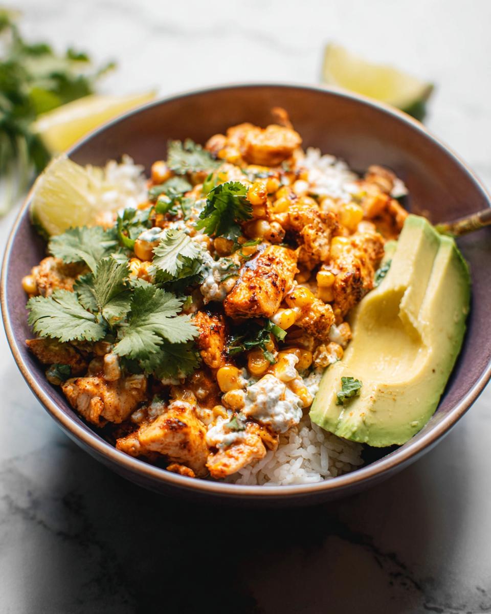 A vibrant Easy Street Corn Chicken Bowl filled with rice, seasoned chicken, corn, creamy sauce, fresh cilantro, avocado slices, and lime wedges.