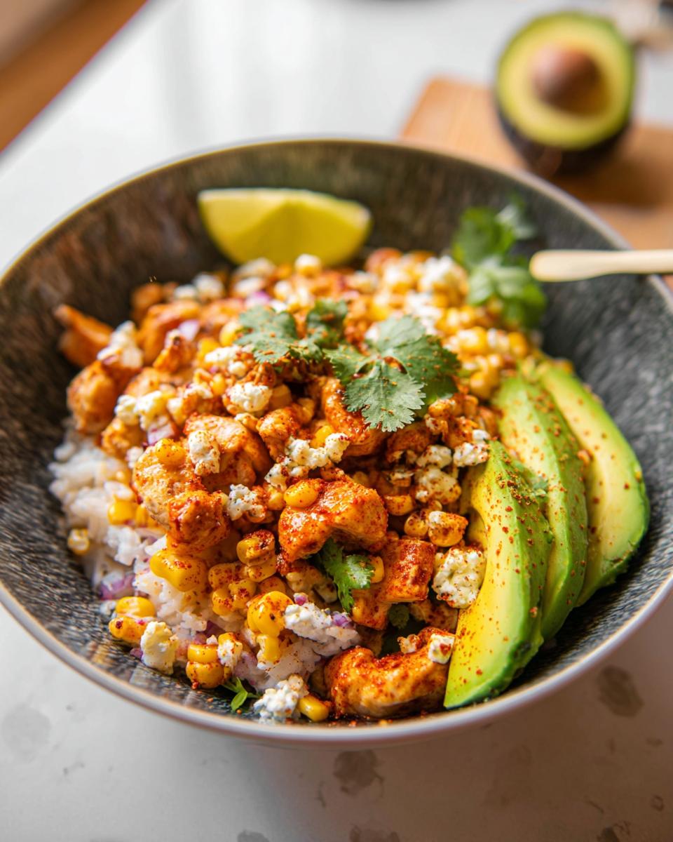A vibrant Easy Street Corn Chicken Bowl topped with crumbled cheese, cilantro, lime, and sliced avocado.
