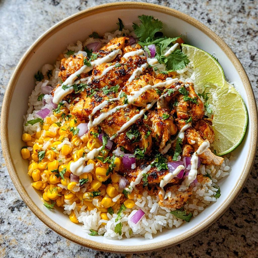 A close-up of an Easy Street Corn Chicken Bowl featuring grilled chicken, rice, corn, red onion, cilantro, and a drizzle of sauce.
