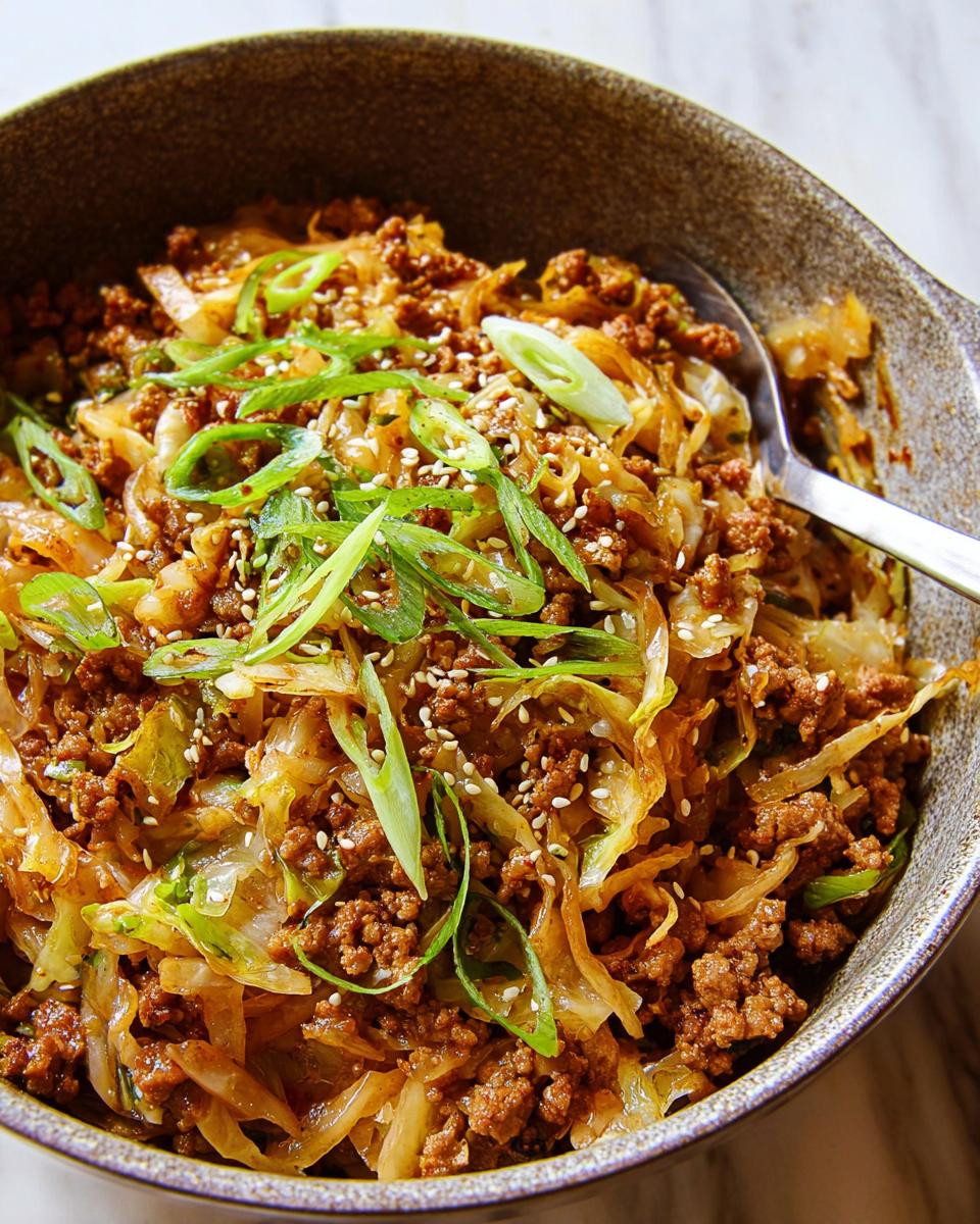 Close-up of a bowl of Egg Roll in a Bowl, featuring ground meat, cabbage, and green onions.