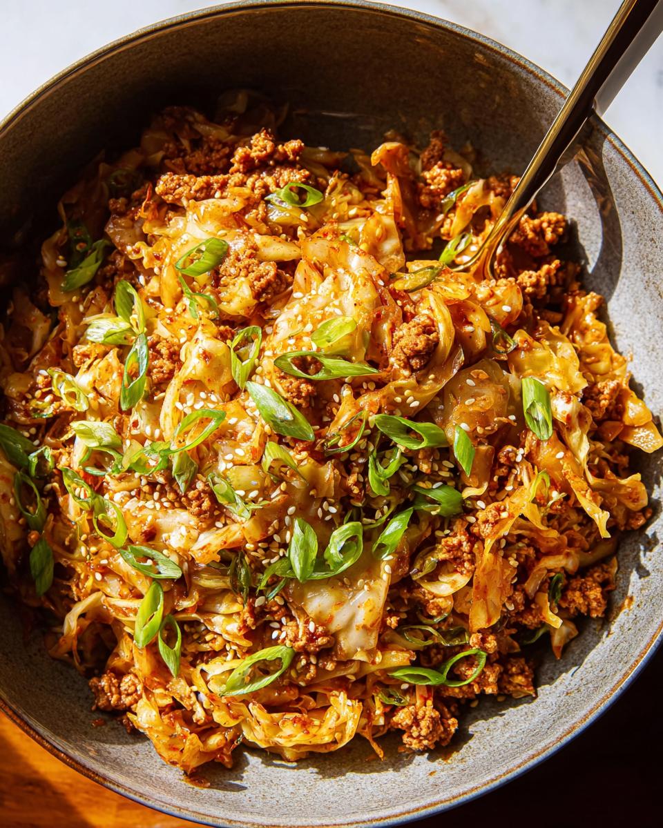 Close-up of a bowl of Egg Roll in a Bowl, featuring ground meat, cabbage, and green onions, sprinkled with sesame seeds.
