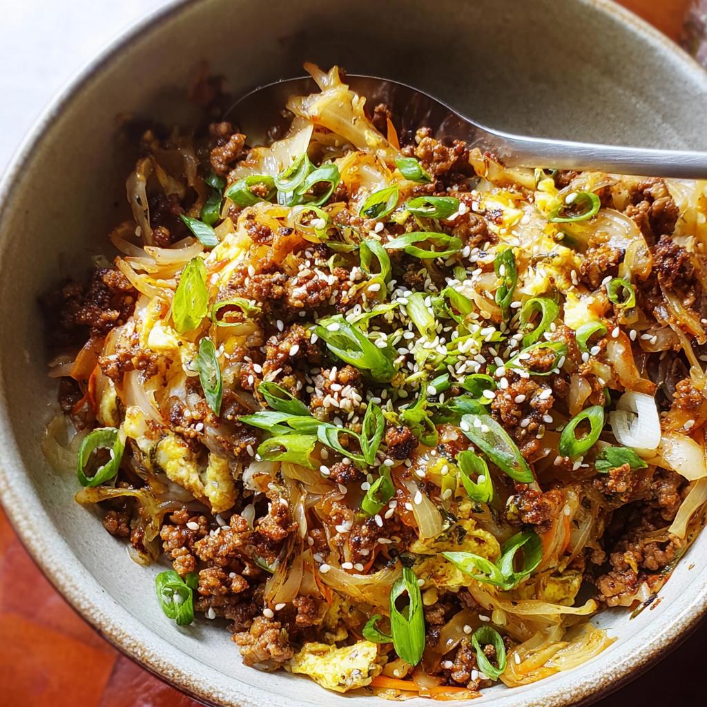 A close-up of a bowl filled with Egg Roll in a Bowl, featuring ground meat, cabbage, scrambled eggs, and green onions.