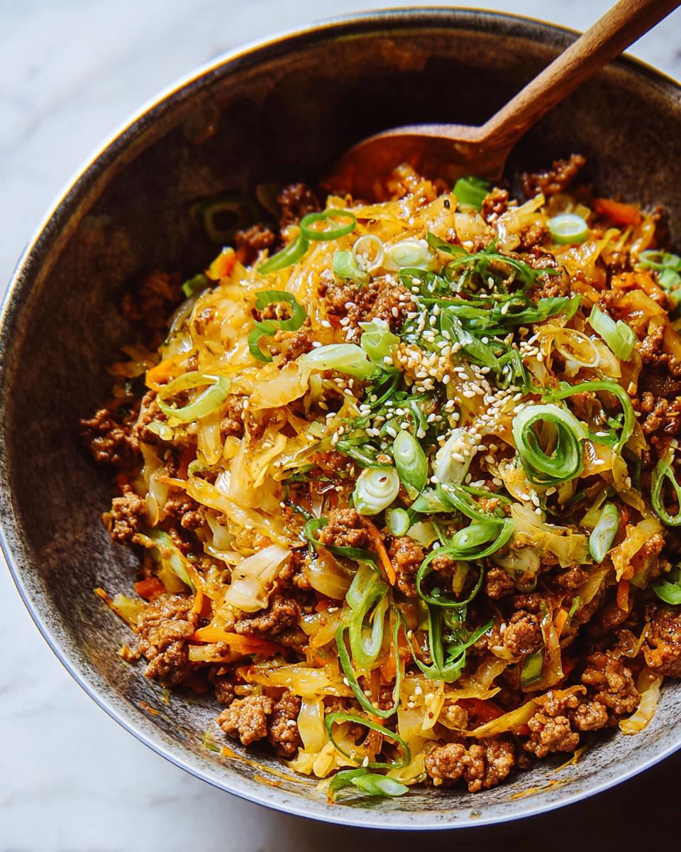 A close-up of a bowl of Egg Roll in a Bowl, featuring ground meat, cabbage, carrots, and green onions, topped with sesame seeds.