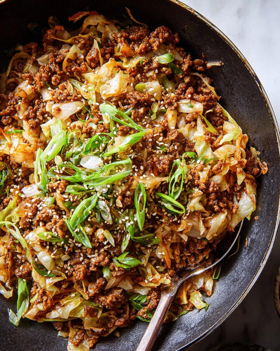 A close-up overhead view of a skillet filled with a savory Egg Roll in a Bowl, topped with green onions and sesame seeds.