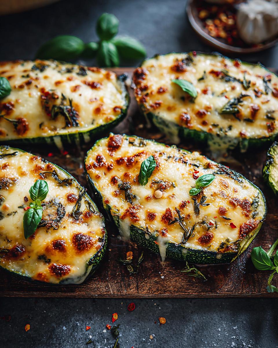 Close-up of baked zucchini halves topped with melted cheese and herbs, part of the Effortless Garlic Butter Steak & Zucchini Delight.